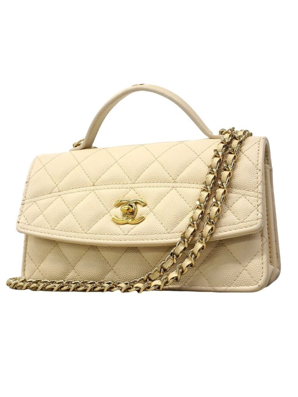 Chanel Handbag Quilted Caviar Leather Ivory Champagne Gold 2-Way